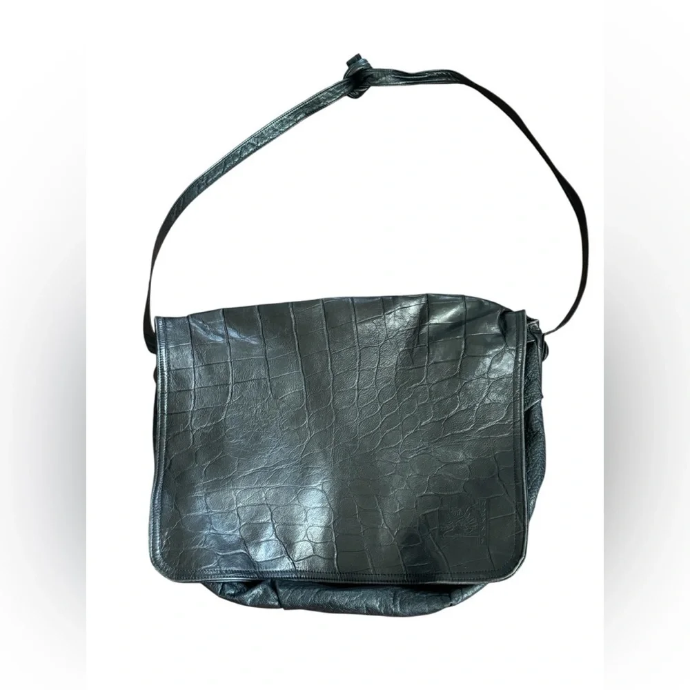 Carlos Falchi Black Croc Embossed Leather Messenger Shoulder Bag Y2K Purse